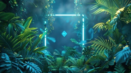 Fototapeta na wymiar Tropical Plants Illuminated with Green and Blue Fluorescent Light. A neon frame shaped like a diamond surrounds a rainforest environment