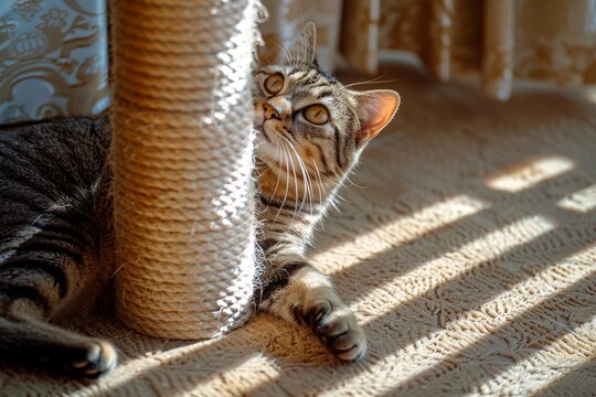 Vertical photo of sisal rope scratching post on beige carpet with cat tree and furniture