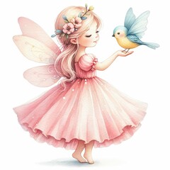 A watercolor painting of a cute fairy girl with a pink dress and blue wings holding a bluebird in her hand