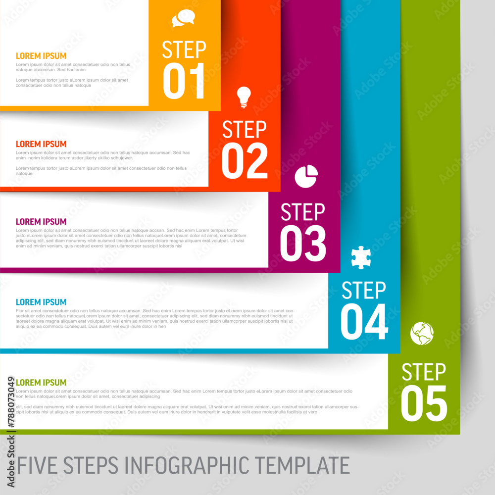 Poster five simple slips of paper as steps process infographic template on light background