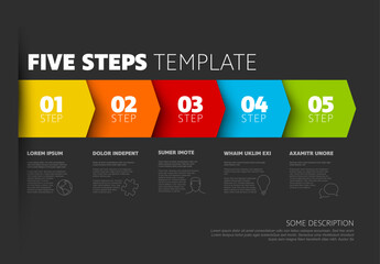 Progress five steps infographic template with dark background