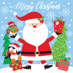 Christmas card design with santa, penguin and robin bird