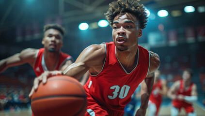 Intense basketball game captured with skilled player in red jersey dribbling in action - obrazy, fototapety, plakaty