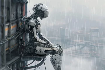 Fotobehang A female robot sitting at the top of a tower, every gear and wire of her internal structure visible, as she watches the rain from a window,  © supansa