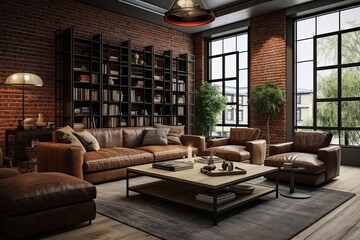 Industrial-Style Stylish Penthouse Apartment with Exposed Brick and Metal Accents - obrazy, fototapety, plakaty
