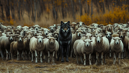 Lone wolf standing boldly among a flock of sheep in nature