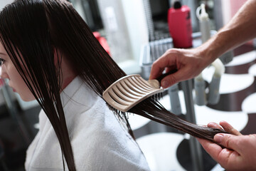 A hairdresser combs long hair. A young girl with long hair in a beauty salon. The concept of beauty.