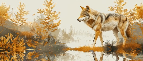 Luxurious art background featuring a sleek wolf rendered in golden line art, set against a stylized woodland scene, emanating elegance and mystery