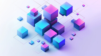 Graphic, cubes and color with technology, blockchain and visualisation for crypto innovation. Abstract, cyberspace and big data with internet, software or network database for futuristic system - obrazy, fototapety, plakaty