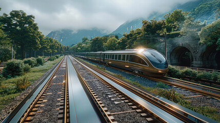 Naklejka premium A high-tech railway track amidst a green landscape. The train features sleek design, advanced technology, and eco-friendly features. Generative AI.