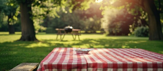 A fresh country red and white checked cloth covers the background of an empty picnic table, suitable for product placement or advertising, with a barbecue situated on a green lawn in the background.