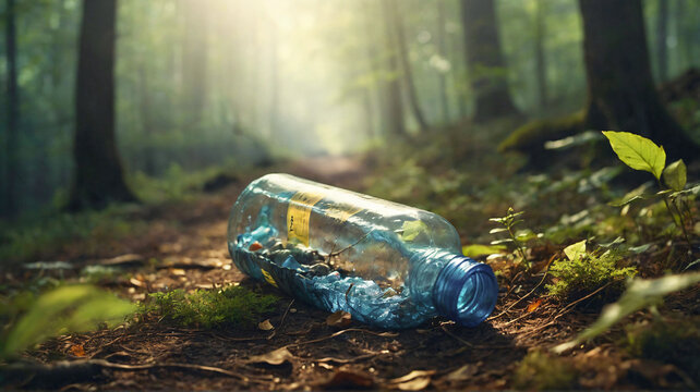 Close up of plastic bottle on the ground in forest. Garbage in forest. Environmental pollution and recycling concept