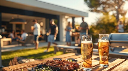 A barbecue party table with many peoples drinking beers in glasses in front of a modern house. Generative AI. - obrazy, fototapety, plakaty