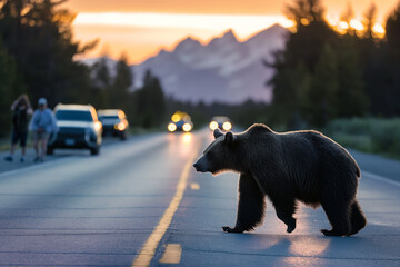 A grizzly bear's evening traverse across a road captures the attention of bystanders and drivers against a backdrop of a mountain sunset. - obrazy, fototapety, plakaty