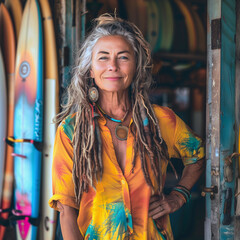 Portrait of senior woman with dreadlocks standing outside of surfboard rental shop