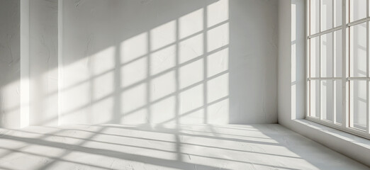 Abstract shadow patterns on a white wall in a minimalist room - obrazy, fototapety, plakaty