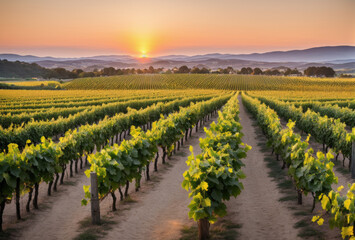 As the sun dips below the horizon, the vineyard rows are bathed in a golden hue, casting long...