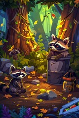Night falls over the forest as a family of raccoons raids a suburban trash can, a glimpse of wildness in the neighborhood , high detailed - obrazy, fototapety, plakaty