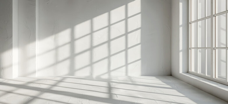Abstract shadow patterns on a white wall in a minimalist room
