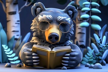 3D bear enjoys a lazy Sunday reading novels in the forest, glasses perched on its nose