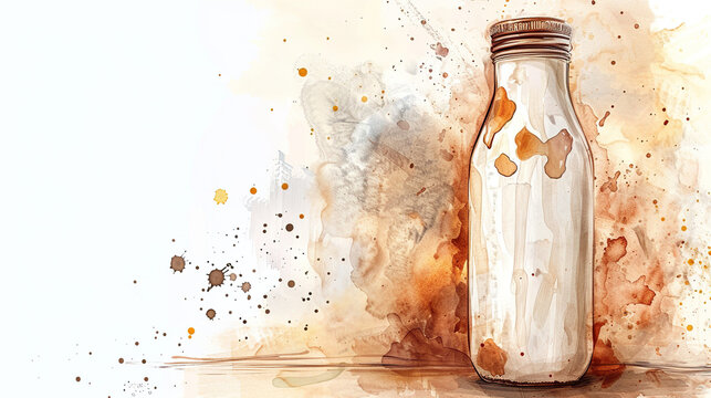 June World Milk Day, glass bottle with cow print of milk with neutral watercolor art textured background Products for human health. Healthy food. Copy space. Banner. Mock up,