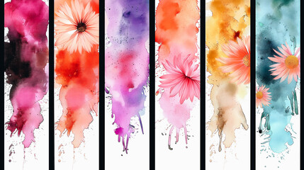 A series of watercolor paintings of flowers in different colors