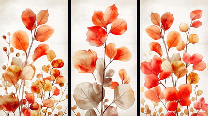 Three paintings of flowers in different shades of orange and brown
