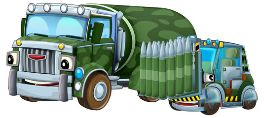 cartoon scene with two military army cars vehicles with forklift theme isolated background illustration for children - 788075805