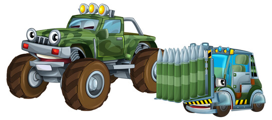 cartoon scene with two military army cars vehicles with forklift theme isolated background illustration for children - 788075810