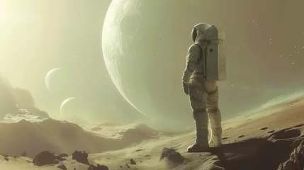 Muurstickers Anime-inspired astronaut on an alien planet with cosmic landscapes © Robert Kneschke