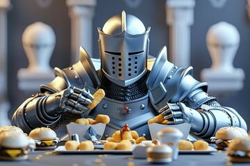 A medieval knight in full armor sits at a fast food table, dipping chicken nuggets into sauce with his gauntletclad fingers , clean sharp - obrazy, fototapety, plakaty
