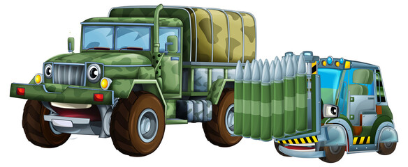 cartoon scene with two military army cars vehicles with forklift theme isolated background illustration for children - 788076217