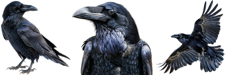 Fototapeta premium Raven bundle, standing, portrait and flying, isolated on a transparent background