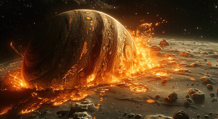 A close up Jupiter planet, showing big whole inside its view with an exploding core and lava...
