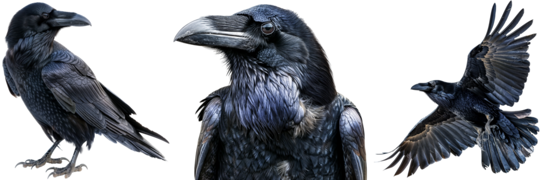 Raven bundle, standing, portrait and flying, isolated on a transparent background