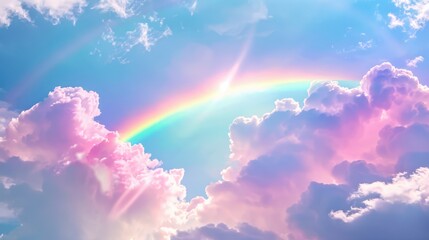 rainbow in the sky fluffy shining clouds , cotton, pink purple pastel colors