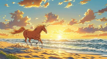 In the golden hour, a horse gallops along a beach, its mane flowing with the wind against a backdrop of waves , high quality - obrazy, fototapety, plakaty