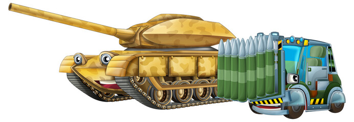 cartoon scene with two military army cars vehicles with forklift theme isolated background illustration for children - 788076803