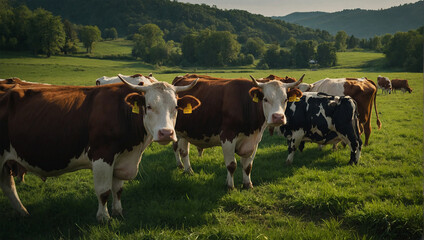 Fototapeta na wymiar Cows standing on the green field