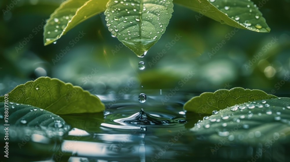 Poster a drop of water falling off a leaf. generative ai.