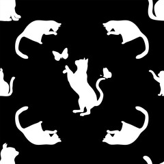 Seamless white cat on black background for background and texture wrapping paper