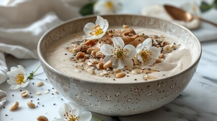 White marble countertop and white clean wall background, featuring a vanilla banana smoothie bowl with Peanut Butter and Flowers. Generative AI.