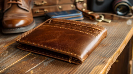 Elegant handcrafted brown leather wallet on a wooden surface with fashion accessories - 788077055