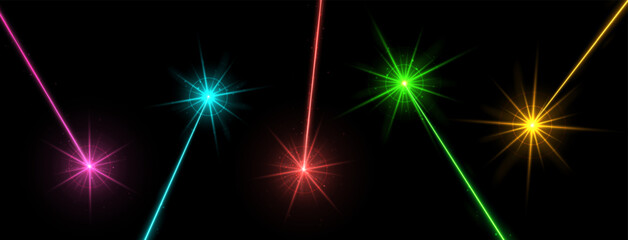 Glowing lasers, multicolored laser beams isolated on black. Vector light effect.
