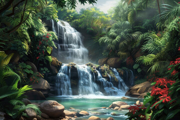 Enchanting waterfall in a lush tropical jungle, a serene nature escape