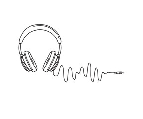 Doodle Headphones with wave cord, hand drawn music symbol cartoon vector