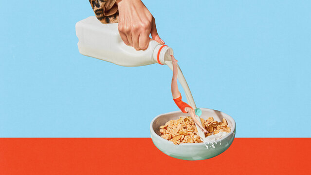 Poster. Contemporary art collage. Poster. Contemporary art collage. Hand pouring milk with diving swimmer to cereal against orange-blue background. Concept of food and drink, vitamins, nutrition. Ad