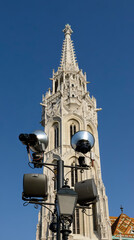 Closeup bell tower of Matthias church in Budapest, Hungary.