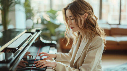 Elegant woman playing the piano with emotion in a bright room - 788077653