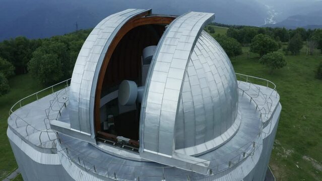 An aerial shot of the observatory in the mountains in summer. Special astrophysical observatory. Telescope. Methods and instruments for astrophysical research.